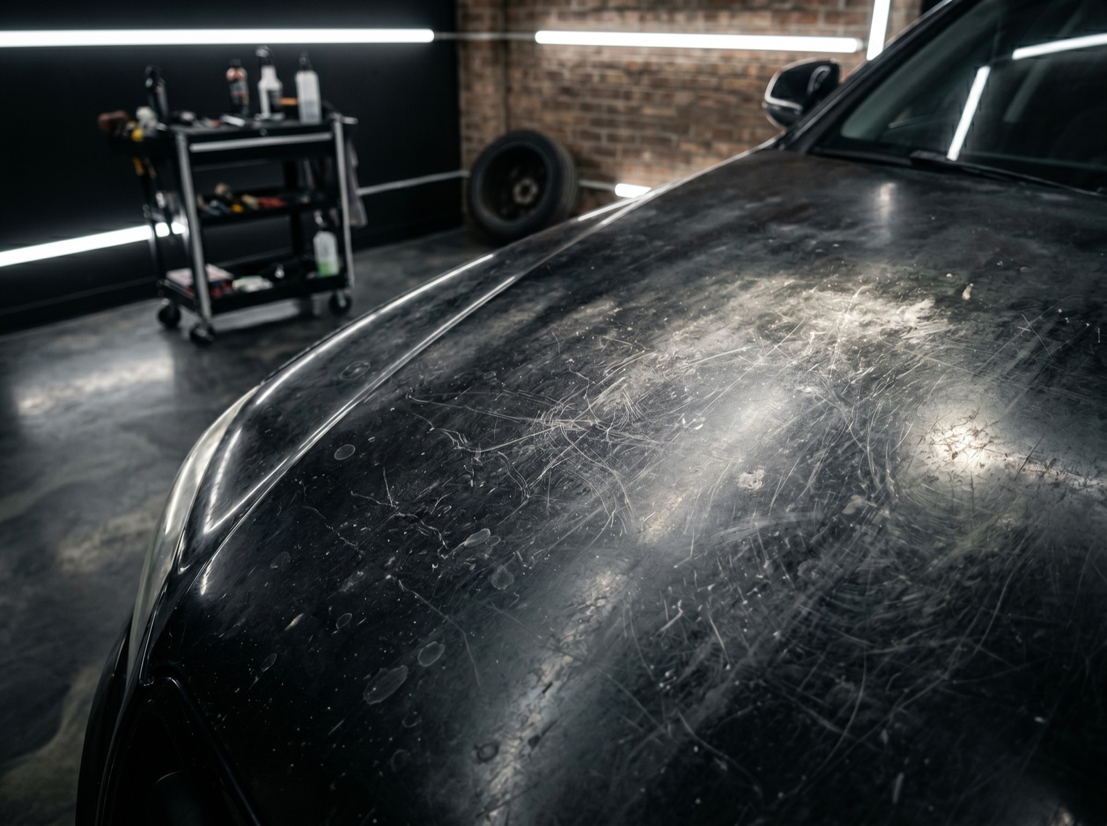 Dull, swirled, scratched paint before correction