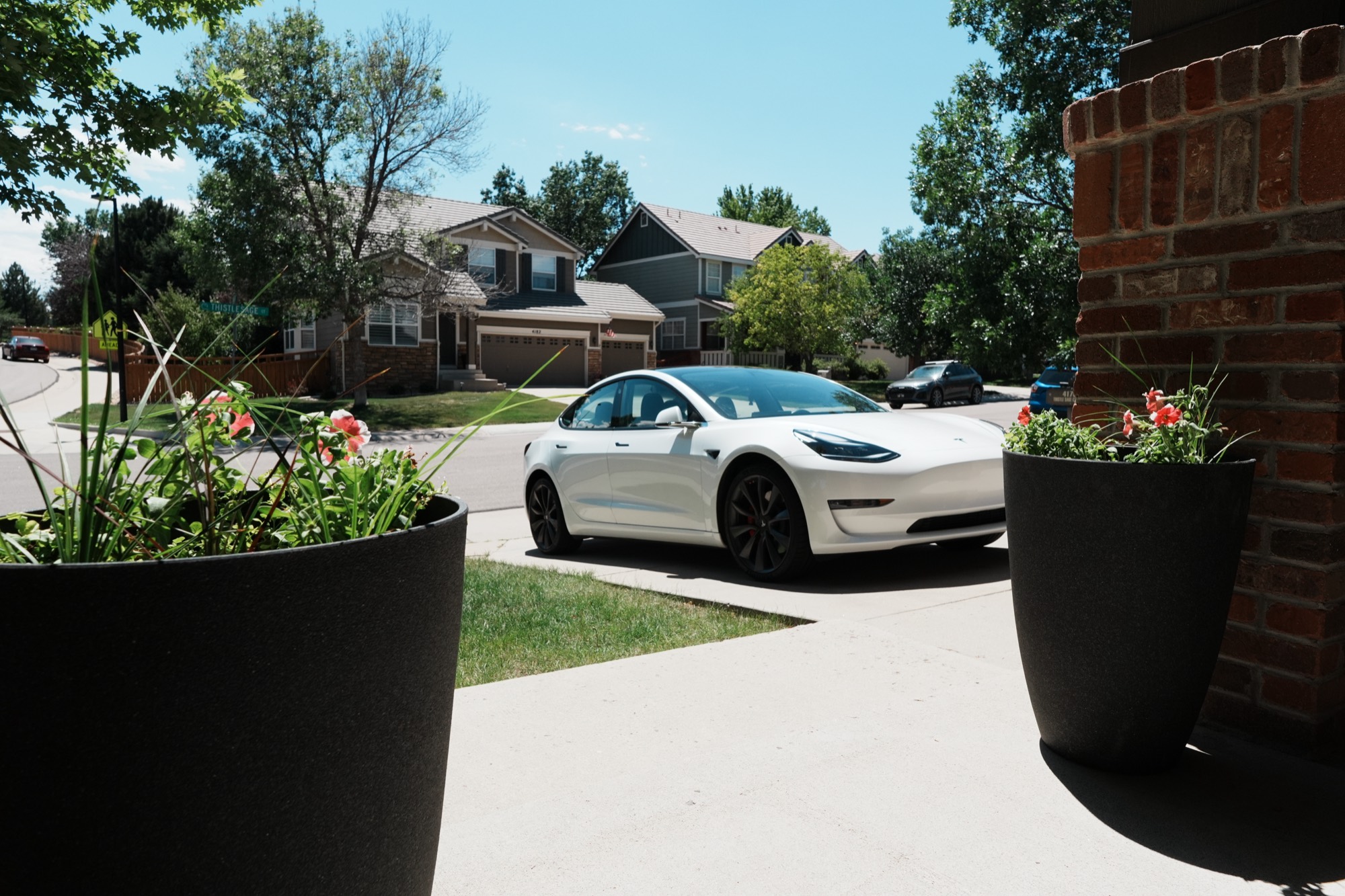 Freshly washed white Tesla gleaming in a residential driveway after an express detail
